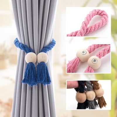 2 Pack Hand-woven Solid Wooden Magnetic Curtain Strap Boho Drape Tie Backs Rope Decoration for Thin/Thick Window Draperies