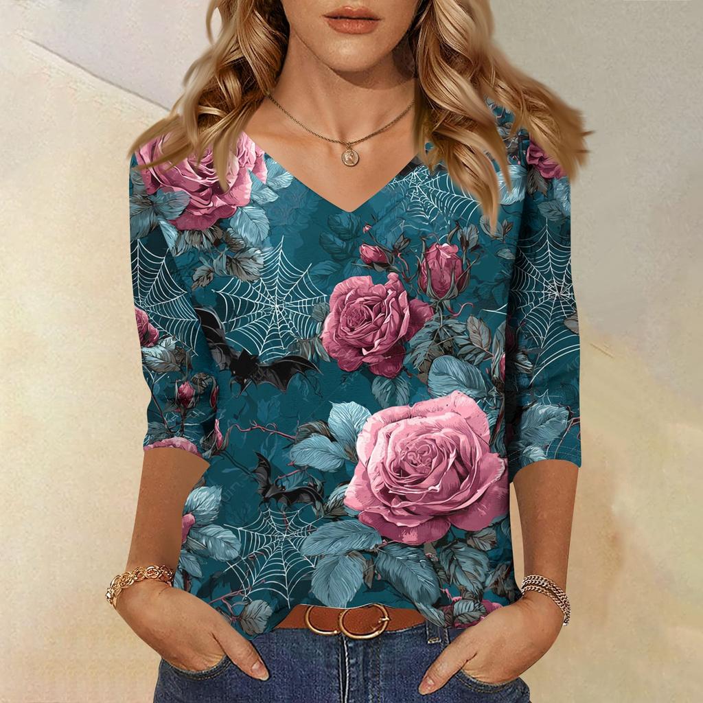 Women's Fashion Casual Halloween Print V Neck Three Quarter Sleeve Top Lightweight Comfortable Fit Stylish Design