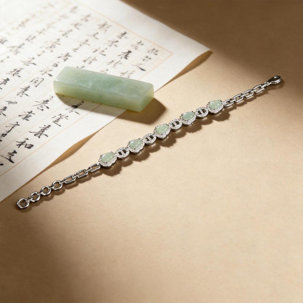 Natural Blue Water Jade Gourd Bracelet with Inlaid Diamonds - Elegant Chinese Style Women's Jewelry