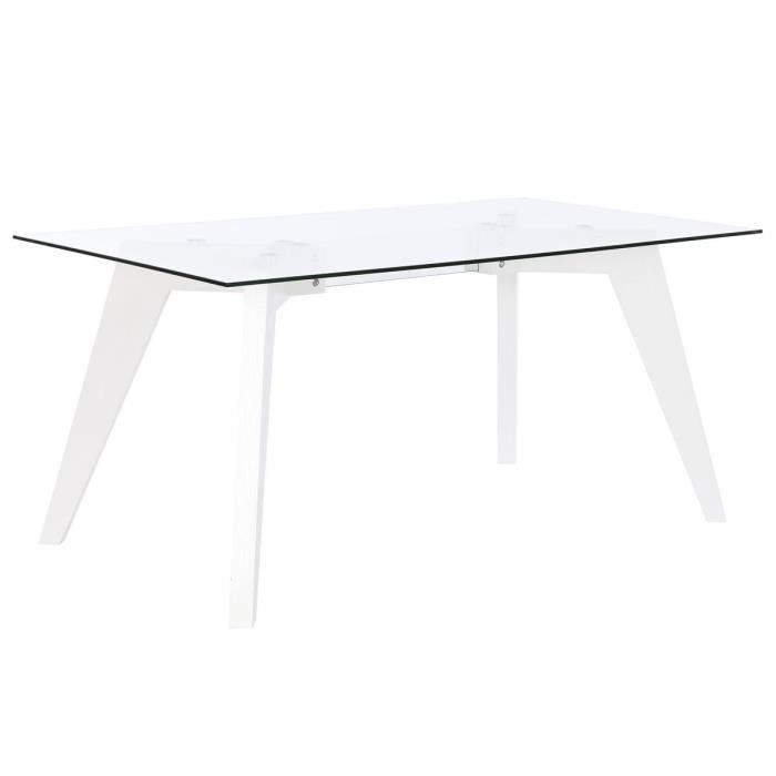Table de salle à manger blanc transparent verre bois mdf 160 x 90 x 75 cm