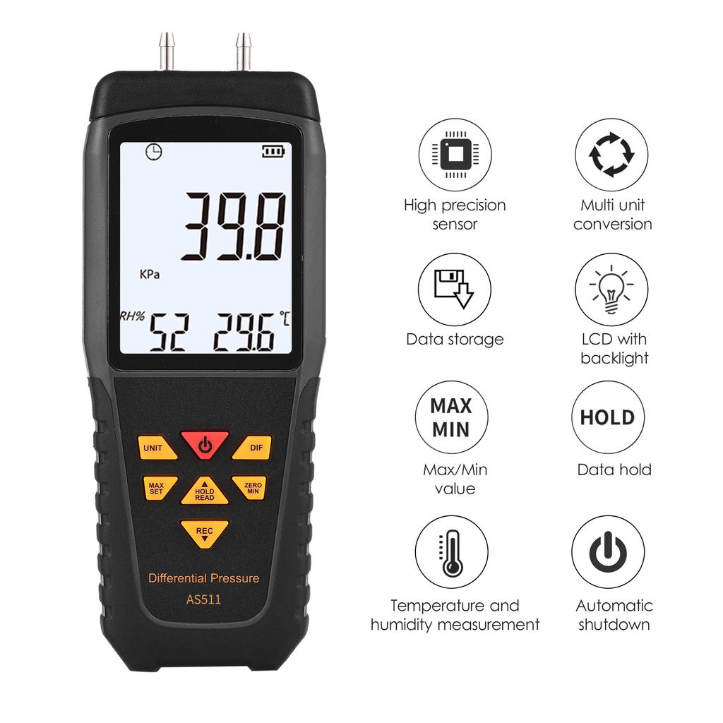 SMART SENSOR AS511B Digital Differential Pressure Gauge -206.8~206.8KPA Manometer Dual Port   Gas Pressure  with LCD Backlight Display Supports Temp