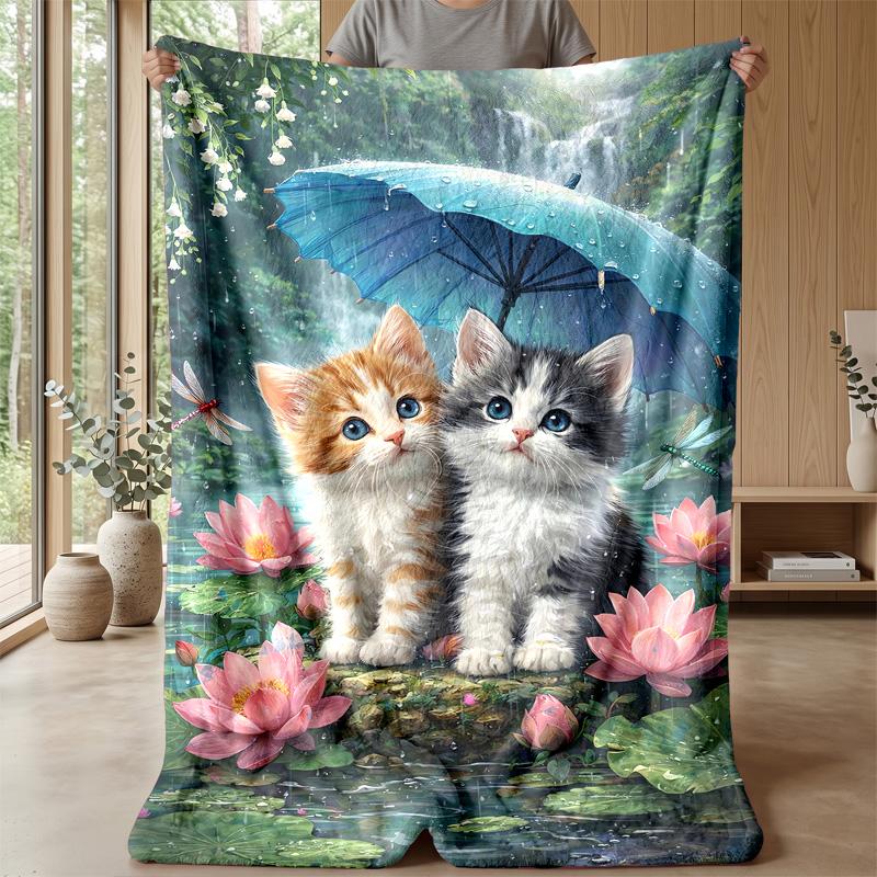 Kittens Playing with Butterflies in Forest Theme blanket Lightweight Warm Flannel Blanket Decorative Throw Blanket for Home Decoration