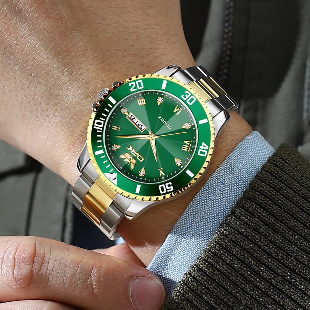 Montre à Quartz OPK avec Date Montre Classique en Acier Inoxydable pour l'École ou Affichage Or Vert pour Homme, Étanche, Lumineuse, Élégante, Bureau, &