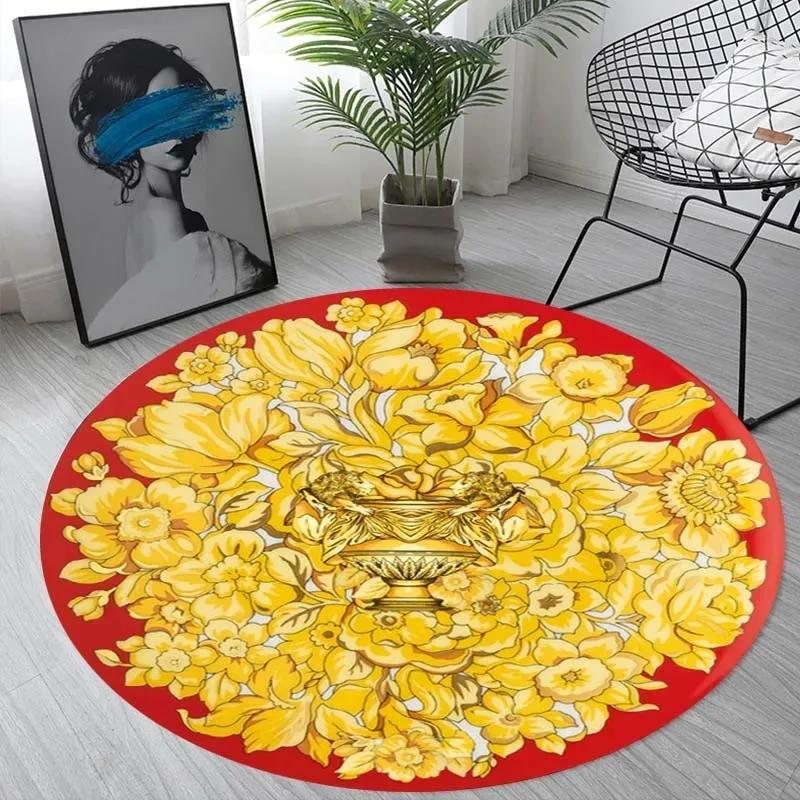 Nordic Retro Gold Printed Round Sponge Carpet Living Room Bedroom Mat Home Bathroom Non-slip Floor Mats Decoration