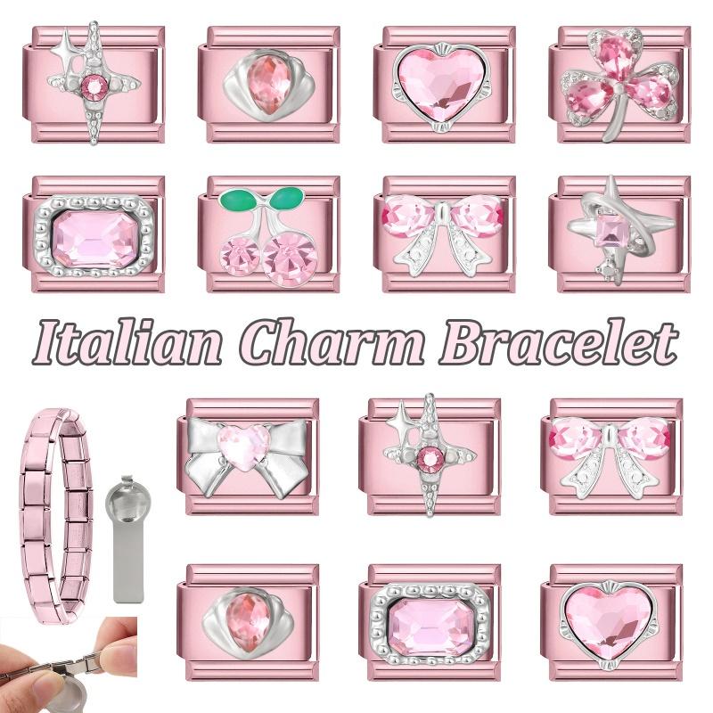 Fashion Zircon Pink Butterfly Star Bow Flower Rabbit Italian Charm Links Fit 9MM Stainless Steel Bracelet Women DIY Making Gift