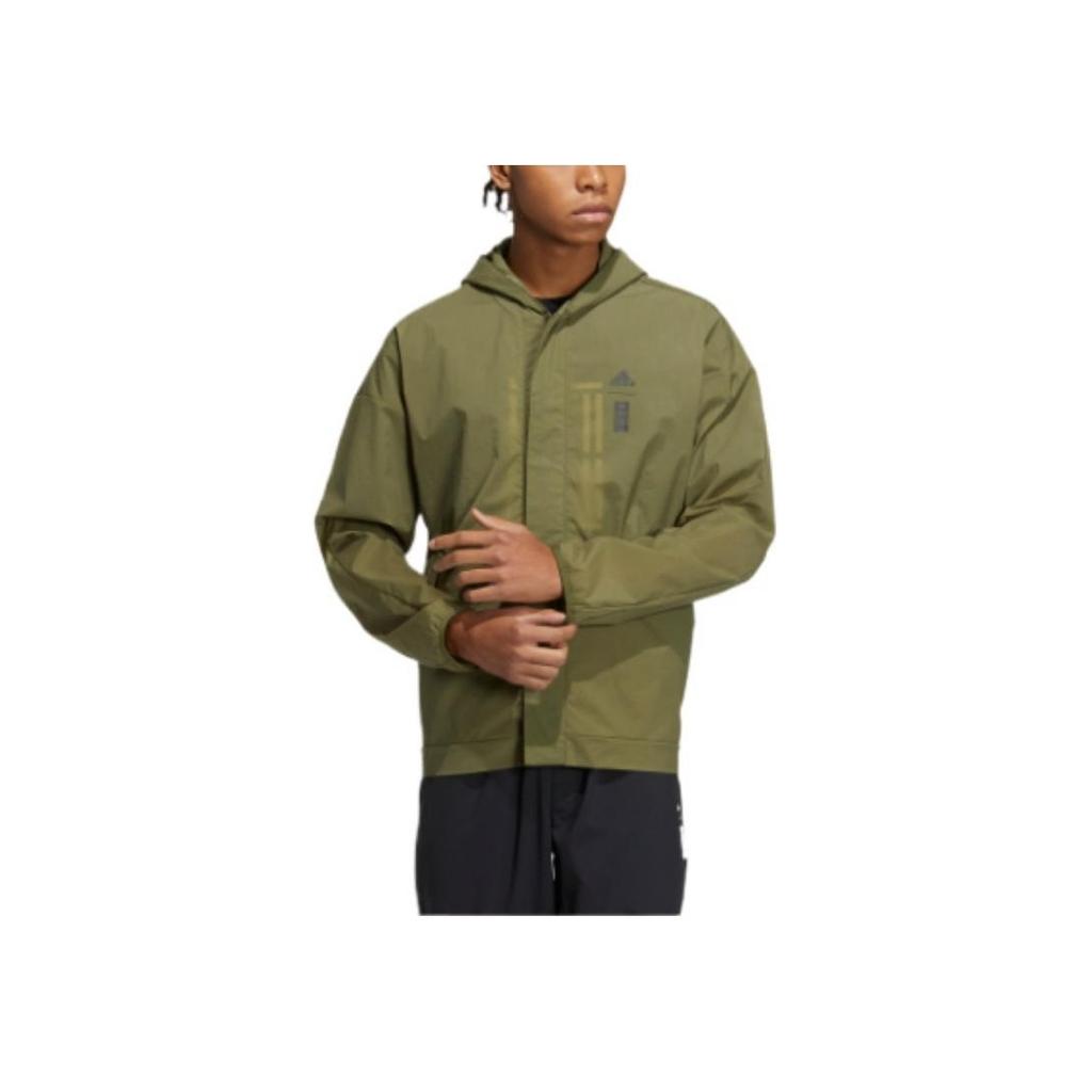 Adidas Jachetă Sport Windbreaker cu Glugă Bărbați Îmbrăcăminte Exterioară Verde-Măsliniu HE5146