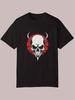 Black Casual Graphic T-shirt - Edgy Skull with Horns & Red Accents Design