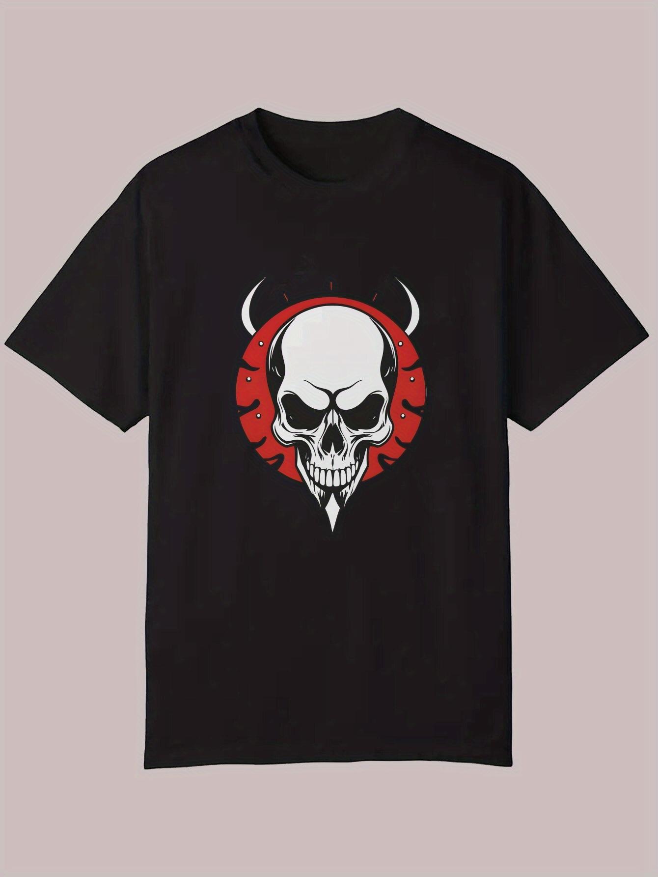 Black Casual Graphic T-shirt - Edgy Skull with Horns & Red Accents Design XXL