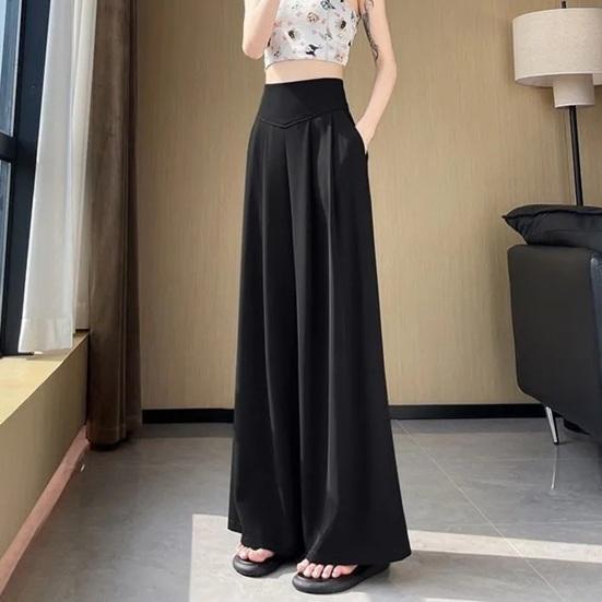 Women Pants Elastic High Waist Wide Leg Casual Trousers Pure Color
