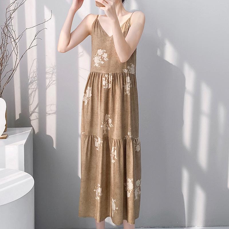 Printed women's cotton and silk nightgown large size sweet floral pajamas sleeveless loungewear summer thin can be worn outside