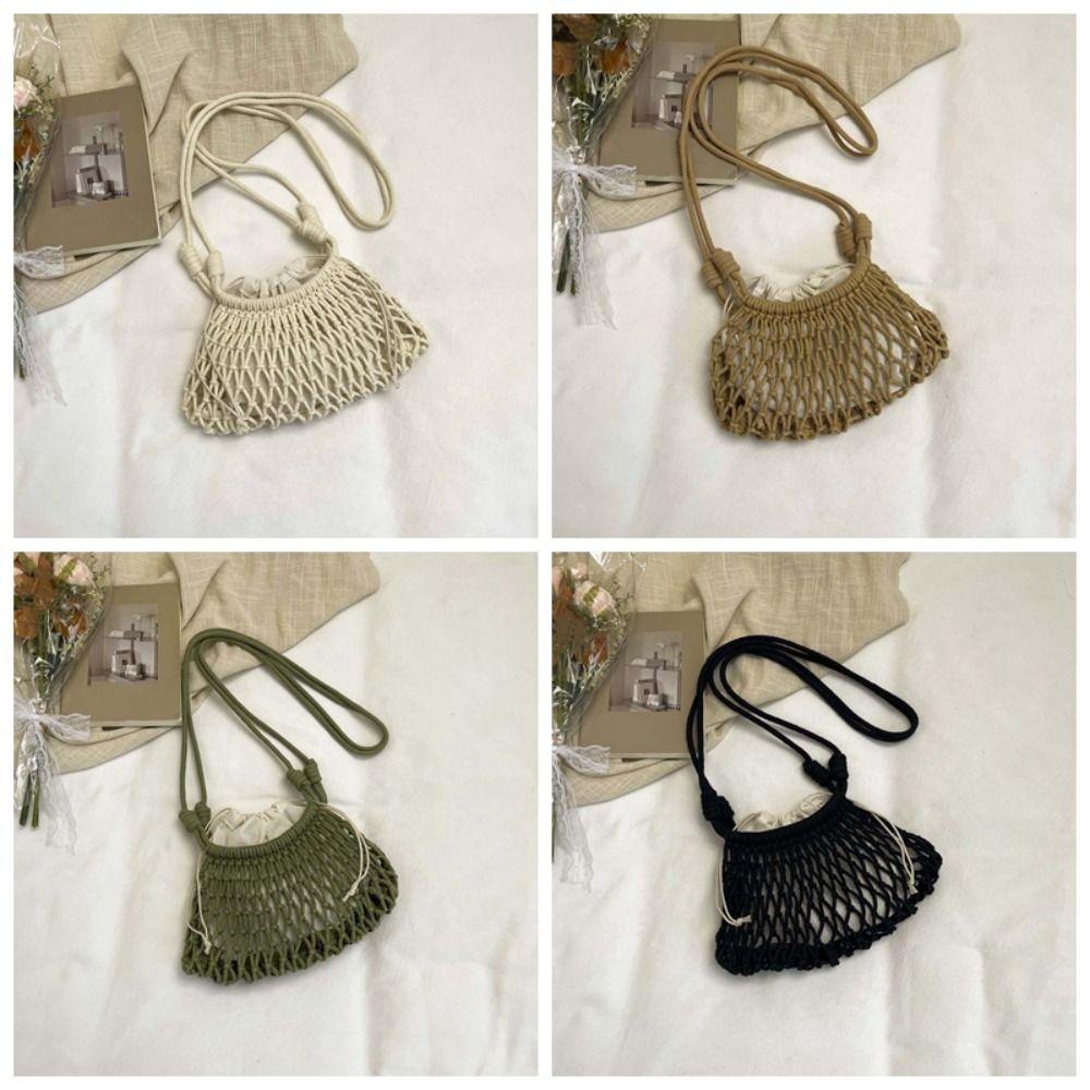 Net Pouch Yarn Woven Crossbody Bag Large Capacity Hollow Fishnet Bag Crochet Shoulder Pouch Female