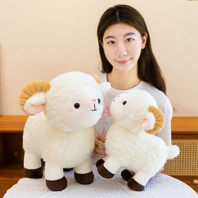 New Year Goat Wool Plush Toy - Cute Big-Horn Sheep Doll for Kids' Birthdays