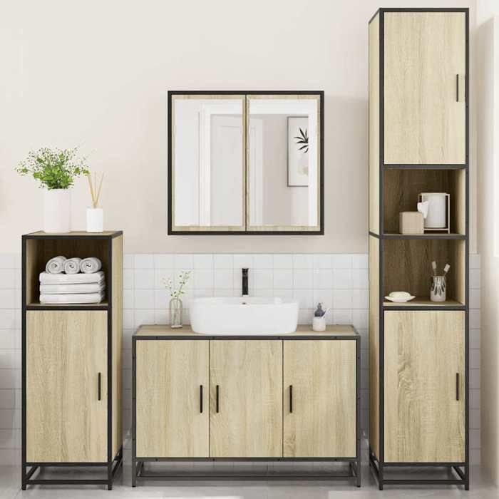 VidaXL Ensemble de meubles de salle de bain 4 pcs chêne sonoma, armoire de salle de bain, armoire de rangement de toilette, 3301191