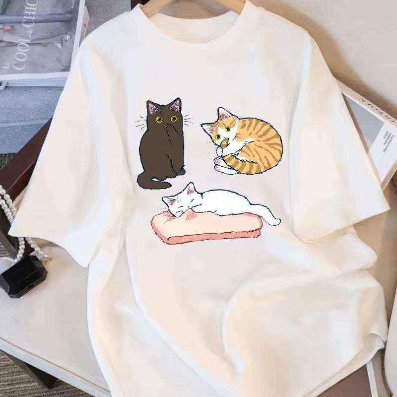 Three Colored Kittens Prints Women T-Shirt Summer T Shirt O-Neck Comfortable Loose Tops Street WomEn Clothes Graphic T Shirts