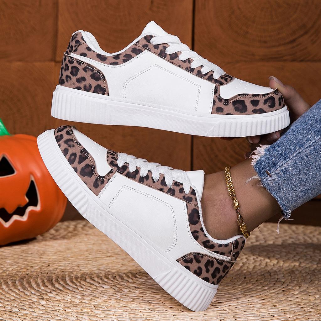 Women Leopard Print Skate Sneakers Low Top Lace Up Walking Shoes Casual Street Fashion Daily Travel Footwear Everyday Comfortable