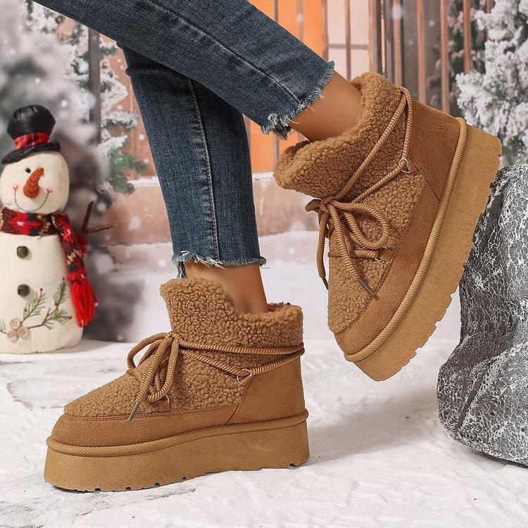 Women's Lace-up Soft Sole Winter Warm Fur One Snow Boots Padded Lined Ankle Boots Anti-slip Hiking Casual Sneakers