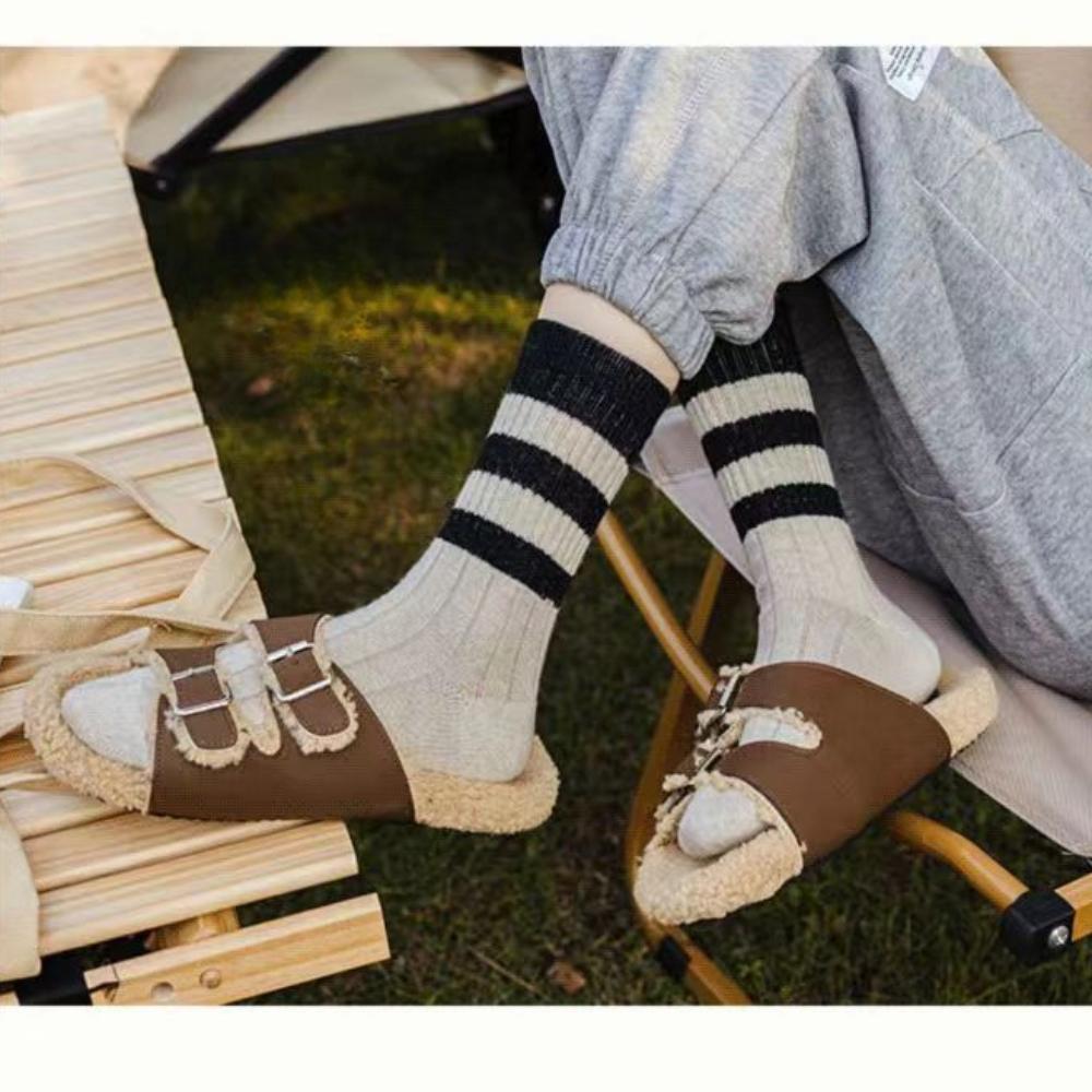 Girls Can Wear Mid Length Women's Socks In All Seasons, with Maillard Colored Ribbed Double Bar Striped Socks for Warmth, Simplicity, and Fashion