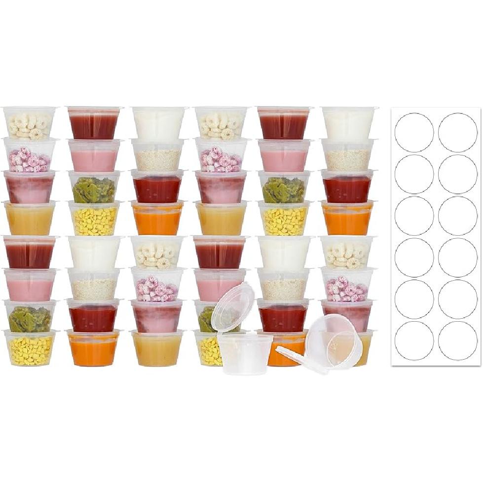 50 Pack BPA-Free Disposable Baby Food Freezer Storage Containers Hinged Lids (3 Oz) Labels | Leak-Proof | Travel Snack Cups | Store Homemade, Organic
