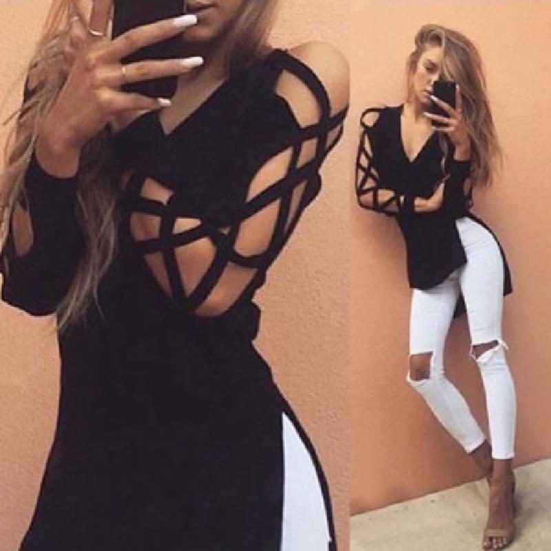 Stylish Black Casual V Neck Short Front Long Back Hollow Out T Shirt For Women