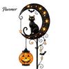 Fall Party Outdoor Lighting Halloween Solar Garden Stake Light, Metal Black Cat & Pumpkin Moon Waterproof Wireless Powered Yard Lights Decorations for