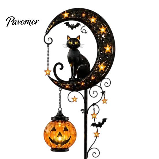 Fall Party Outdoor Lighting Halloween Solar Garden Stake Light, Metal Black Cat & Pumpkin Moon Waterproof Wireless Powered Yard Lights Decorations for