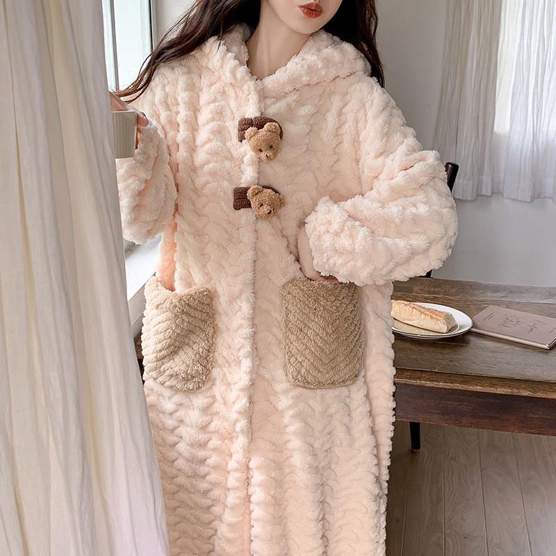 Womens Plush Fleece Sleepwear Set Long Sleeve Hooded Robe Pajamas Winter Fall Home Lounge Comfortable Warm