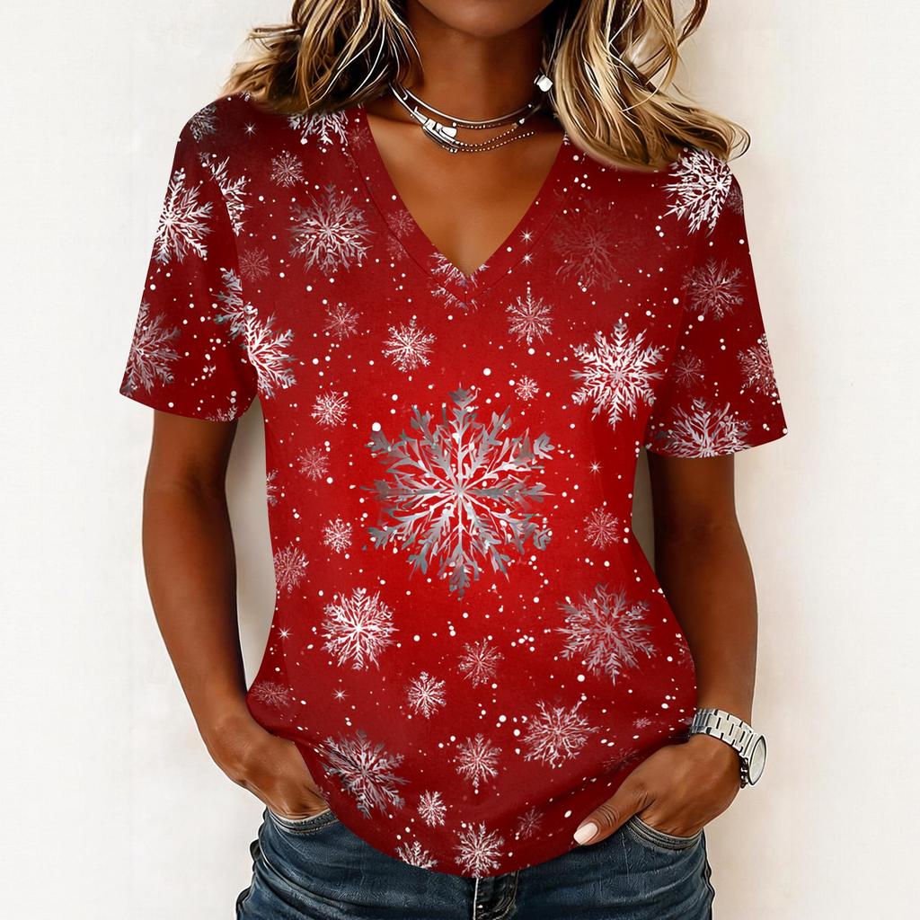 Women's Casual Short Sleeve V-Neck Christmas Print Pullover Top