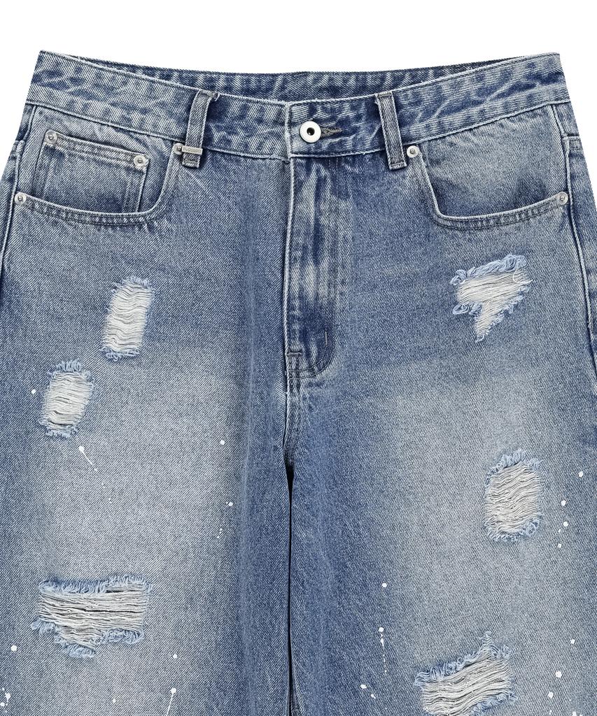 SLOWACID Distressed Wide Denim Pants [Blue]