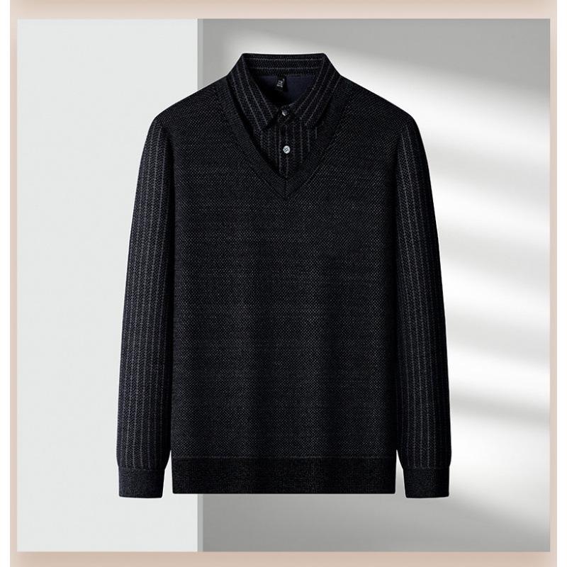 Men's Winter Plus Velvet Faux Two-Piece Knit Polo Sweater