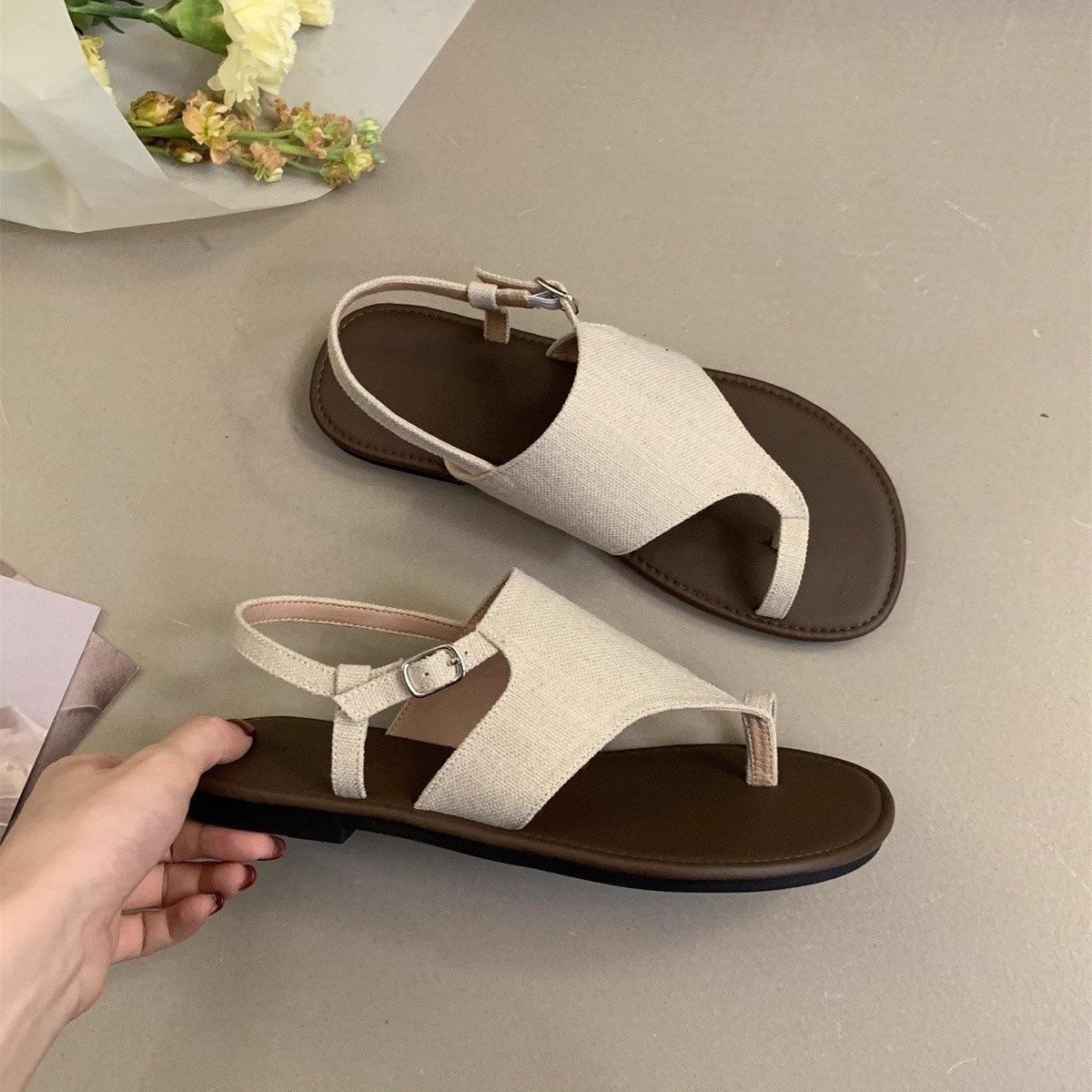 

Linen toe sandals women s summer wear Mori retro toe Roman shoes vacation wind travel flat beach shoes 35
