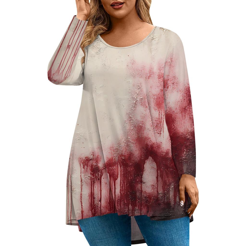 Women's Fashion Large Size Round Neck Long Sleeve Casual Halloween Print Loose Pullover Top