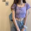 Square Collar Knitted Short-sleeved T-shirt for Women In Summer Niche Design Short Hot Girl Outfit Top
