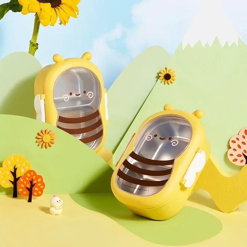 Roztomilý design včelky Malá svačinová krabička pro děti Přenosná Dvě přihrádky Nerezová ocel Uzavřená Nepropustná Bento krabička Školní nádoby na jídlo