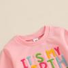 Toddler Girl Birthday Outfit Letter Embroidery Long Sleeves Crew Neck Pullover with Solid Long Pants 2 Pcs Set