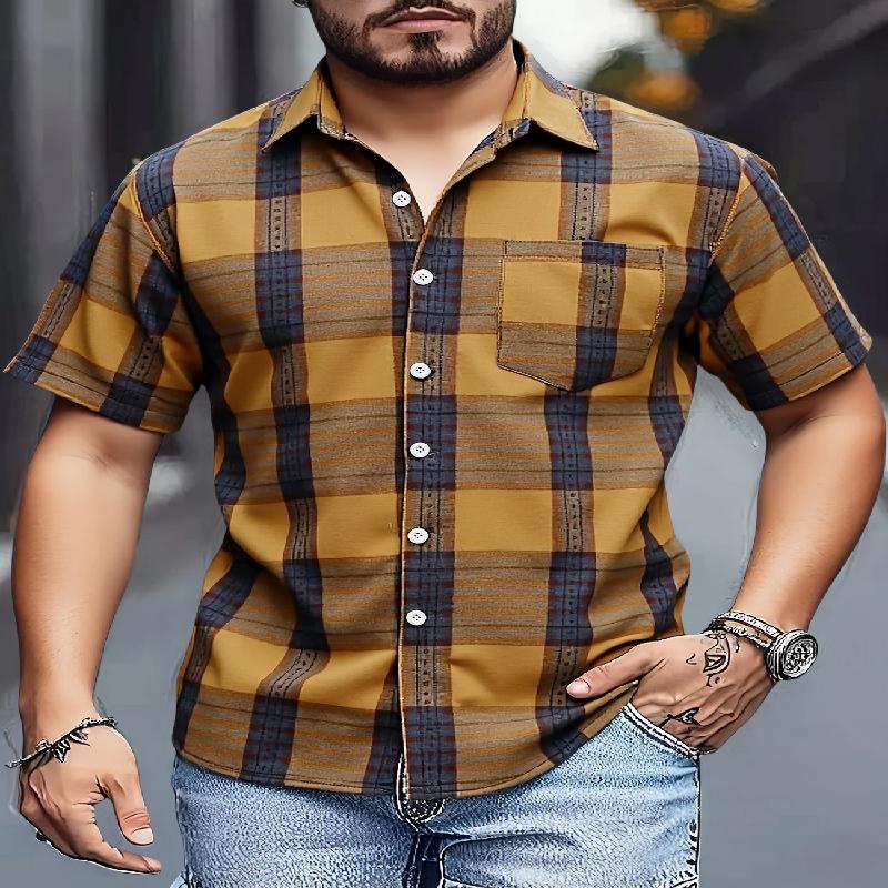 

Мужская повседневная рубашка с коротким рукавом в клетку, летний топ на пуговицах и нагрудный карман. Для активного отдыха и досуга. 5XL