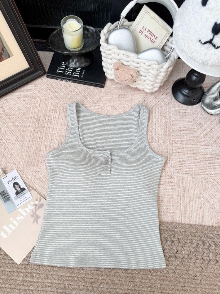 Korean Style Women's Square Neck Vest with Built-in Bra, Retro Stripe Camisole, Slim Fit Spicy Girl Top