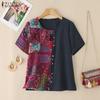 ZANZEA Women Ethnic Print Patchwork Summer Short Sleeve Cotton Tee Shirt Tops