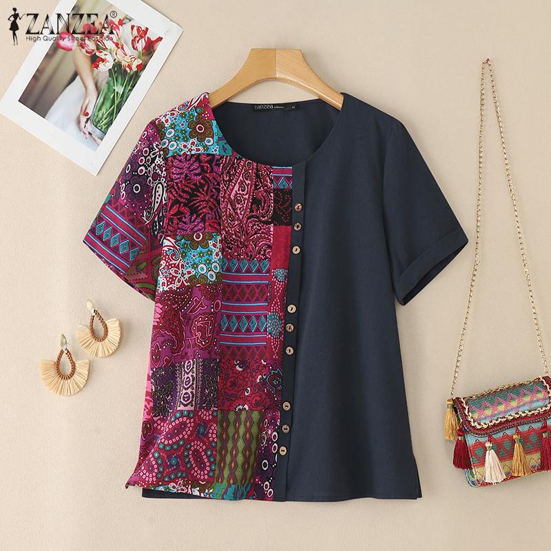 ZANZEA Women Ethnic Print Patchwork Summer Short Sleeve Cotton Tee Shirt Tops