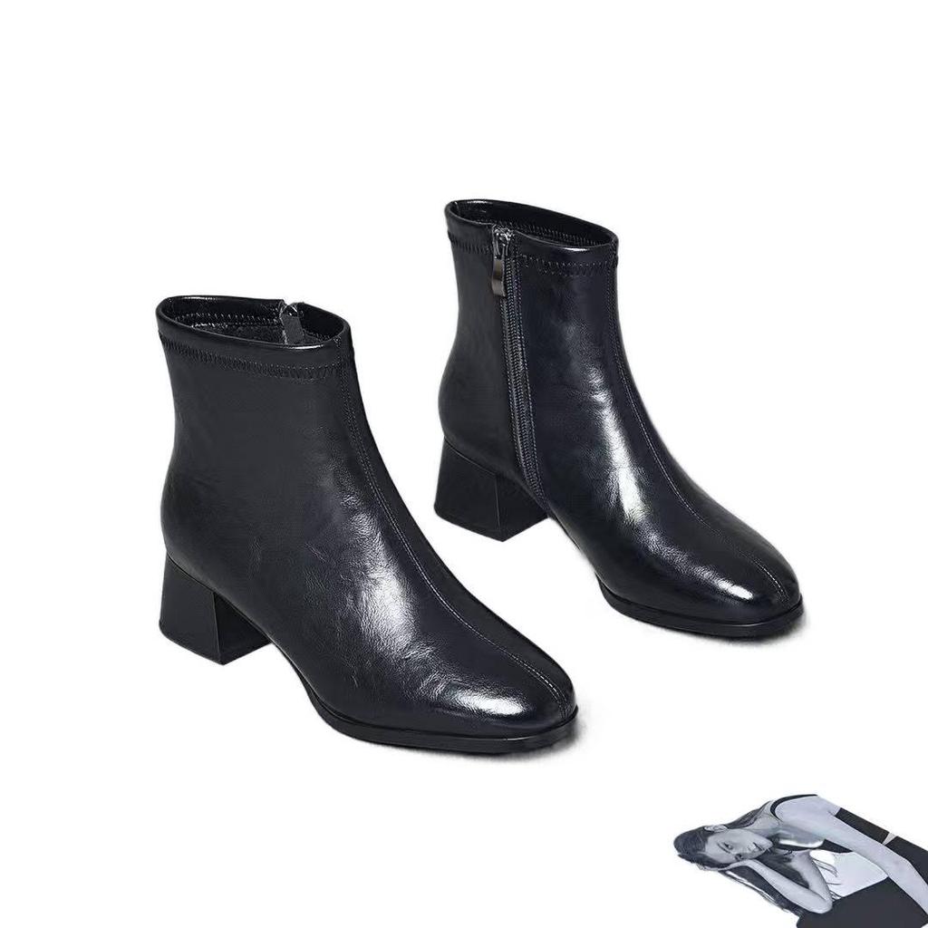 2025 Autumn/Winter Women's Square-Toe Ankle Boots - Chunky Heel, Genuine Leather, Fashionable, Versatile & Comfortable Warm Cotton Lining