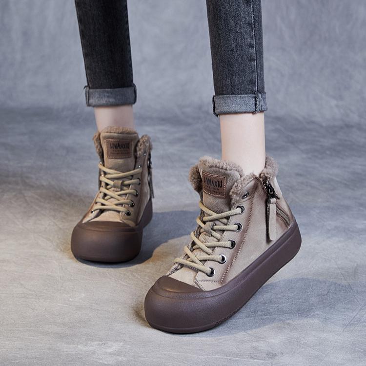 Johnature Retro Plüsch Warme Kurze Stiefel Echtes Leder Doppelreißverschluss Dickbesohlte Damenschuhe