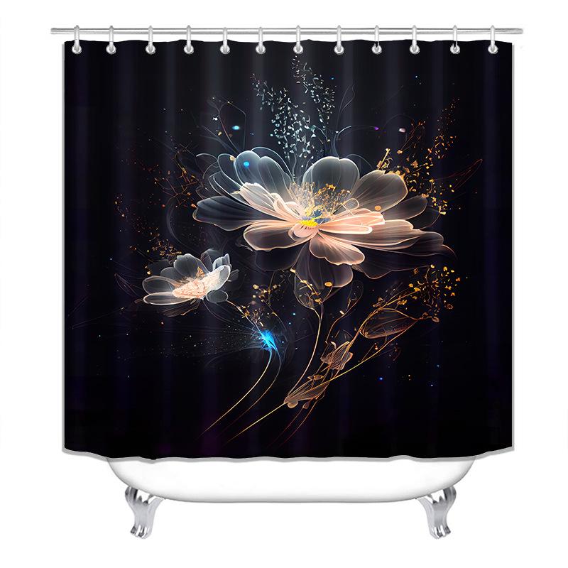 4Pcs Painted Floral Shower Curtain Set with Non-Slip Bath Mat, Toilet Lid Cover, Contour Rug & 12 Hooks, Bathroom Decor