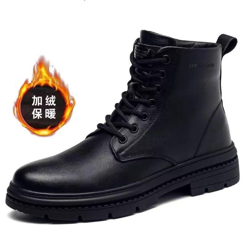 Boots for men in autumn 2026 high top with plush insulation Korean cotton leather shoes men's winter boots