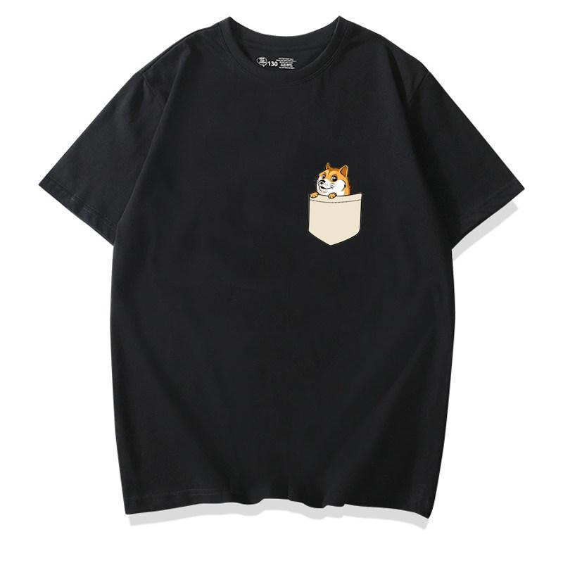 Healing Cute Pocket Cat Shiba Inu Pure Cotton Cartoon Printed Tshirt Summer New Unisexs and Unisexs Casual Loose Short Sleeve
