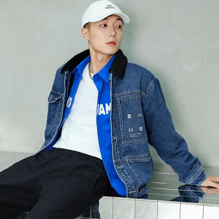 Li Ning Skateboard Series Casual Warm Fleece Lined Washed Denim Jacket Men Jacket Blue AJDR415-1