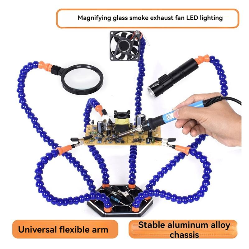

A96I-Electronic Soldering Helping Hands Tool With 3X Magnifier LED Flashlight USB Welding Smoke Exhaust Fan For PCB IC Repair синій