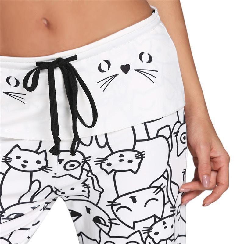 Pantaloni Casual Larghi da Donna alla Moda con Stampa di Gatti Cartoni Animati, Pantaloni Leggeri Estivi