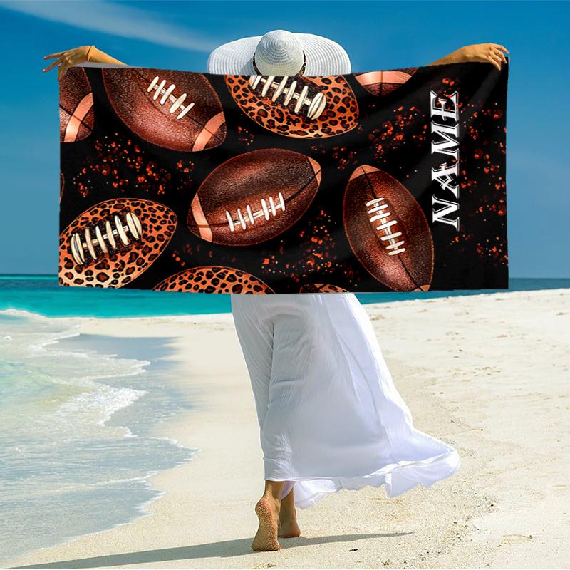 1PC Custom Name Leopard Print Footballs Beach Towel Highly Absorbent And Sand-Resistant Towel for Swimming, Pool, Yoga, And Travel Lightweight