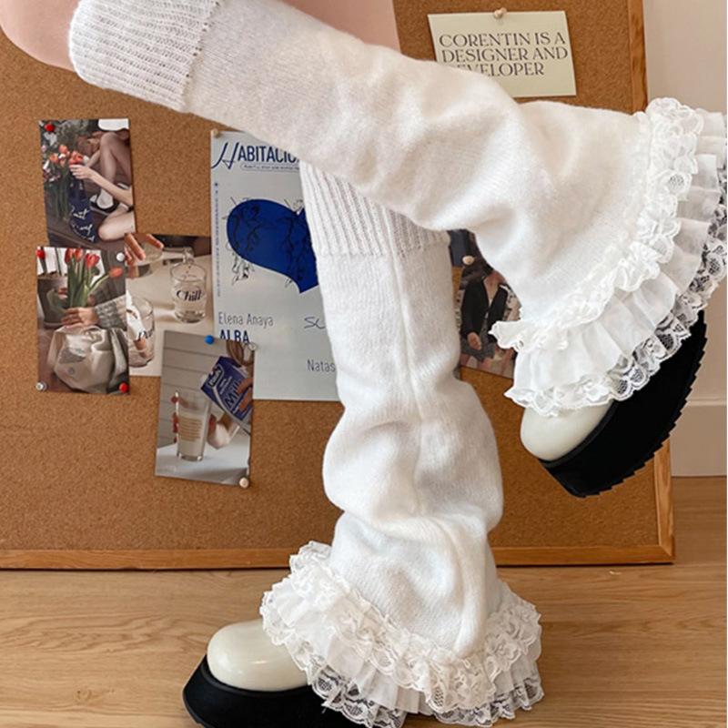 Multi-layer Lace Trim Flared Y2K Sexy Lolita Cute Girl Soft Mid-Calf Breathable Daily Solid Color Polyester Knitted Leg Warmers