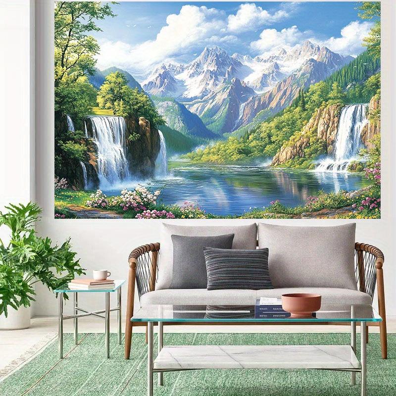 1 2D Flat Natural Landscape Polyester Background Fabric - Waterfall Mountain Views and Snow-capped Peaks, Perfect for Parties
