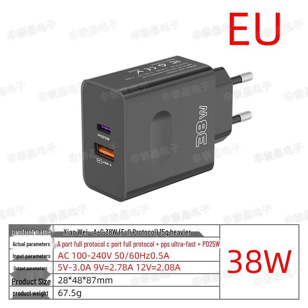 38W Dual-Port USB+PD Fast Charger with EU/US/UK Plug